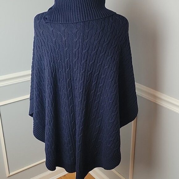 TALBOTS Navy Blue Cable Knit Button Collar Turtleneck Preppy Poncho Sweater S - Picture 3 of 7